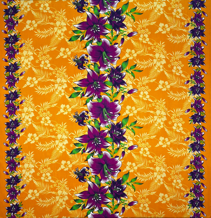 Triple Lily Border with tropical Flowers & Leaves Rayon Fabric | Islands Fabric