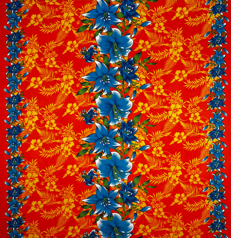 Triple Lily Border with tropical Flowers & Leaves Rayon Fabric | Islands Fabric