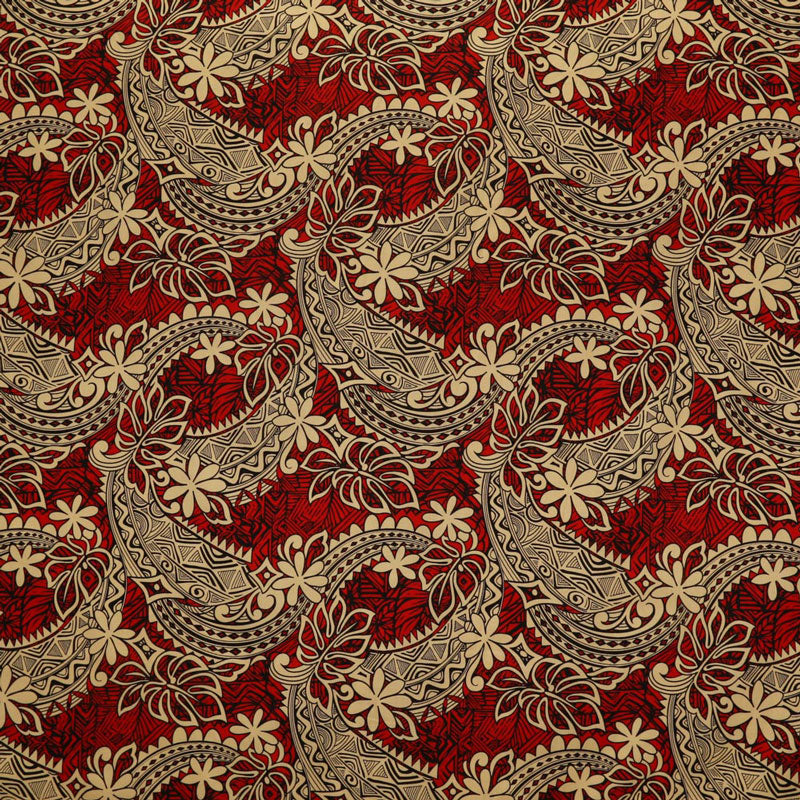 Tiare & Monstera Leaf Tribal Design Cotton Fabric | Islands Fabric