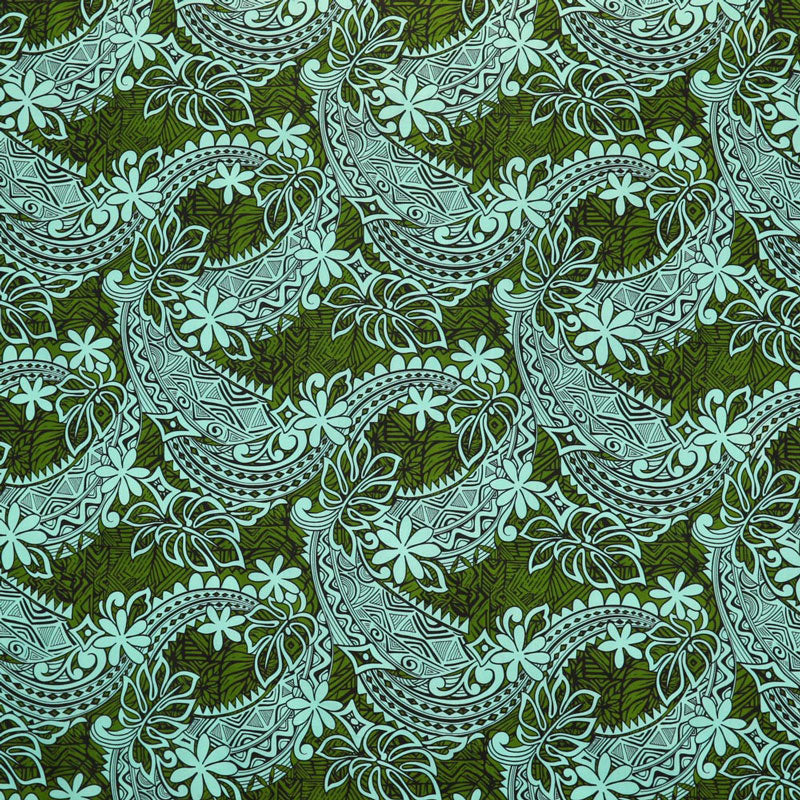 Tiare & Monstera Leaf Tribal Design Cotton Fabric | Islands Fabric