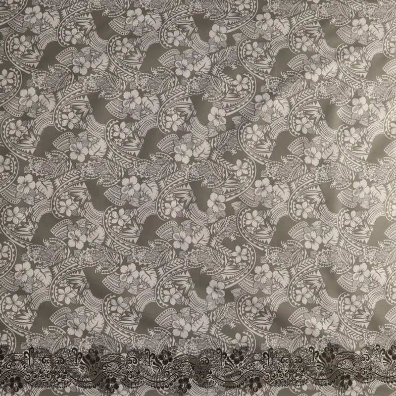 Polyensian Hibiscus & Plumeria Flowers Traditional Tattoo Single Border | Poly-Cotton Gray