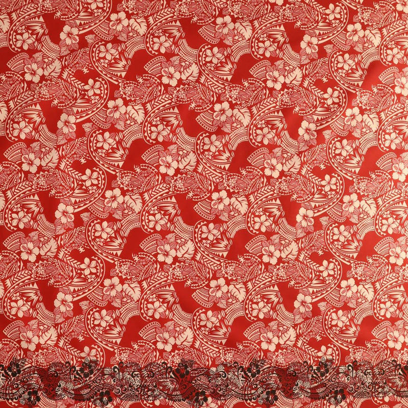 Polyensian Hibiscus & Plumeria Flowers Traditional Tattoo Single Border | Poly-Cotton Red