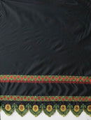 Yellow colored Single Anthurium Embroidered Border Polyester Fabric