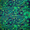 Green over Navy Traditional Polynesian Tattoo Hibiscus Plumeria Swirls Design Cotton Fabric