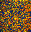 Orange/Blue Traditional Polynesian Tattoo Hibiscus Plumeria Swirls Design Cotton Fabric