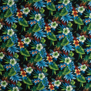 Tropical Garden Peachskin Fabric in Style 2: Black Hawaiian floral print with orange and white flowers for garments and home decor.