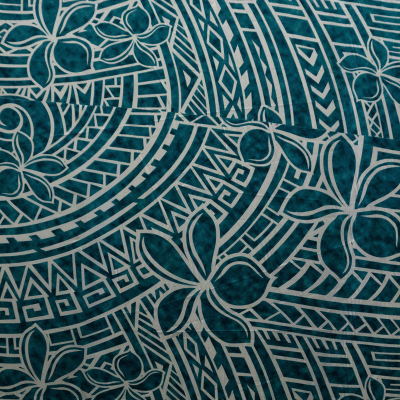 Plumeria Tribal Design | Peachskin Fabric Teal White